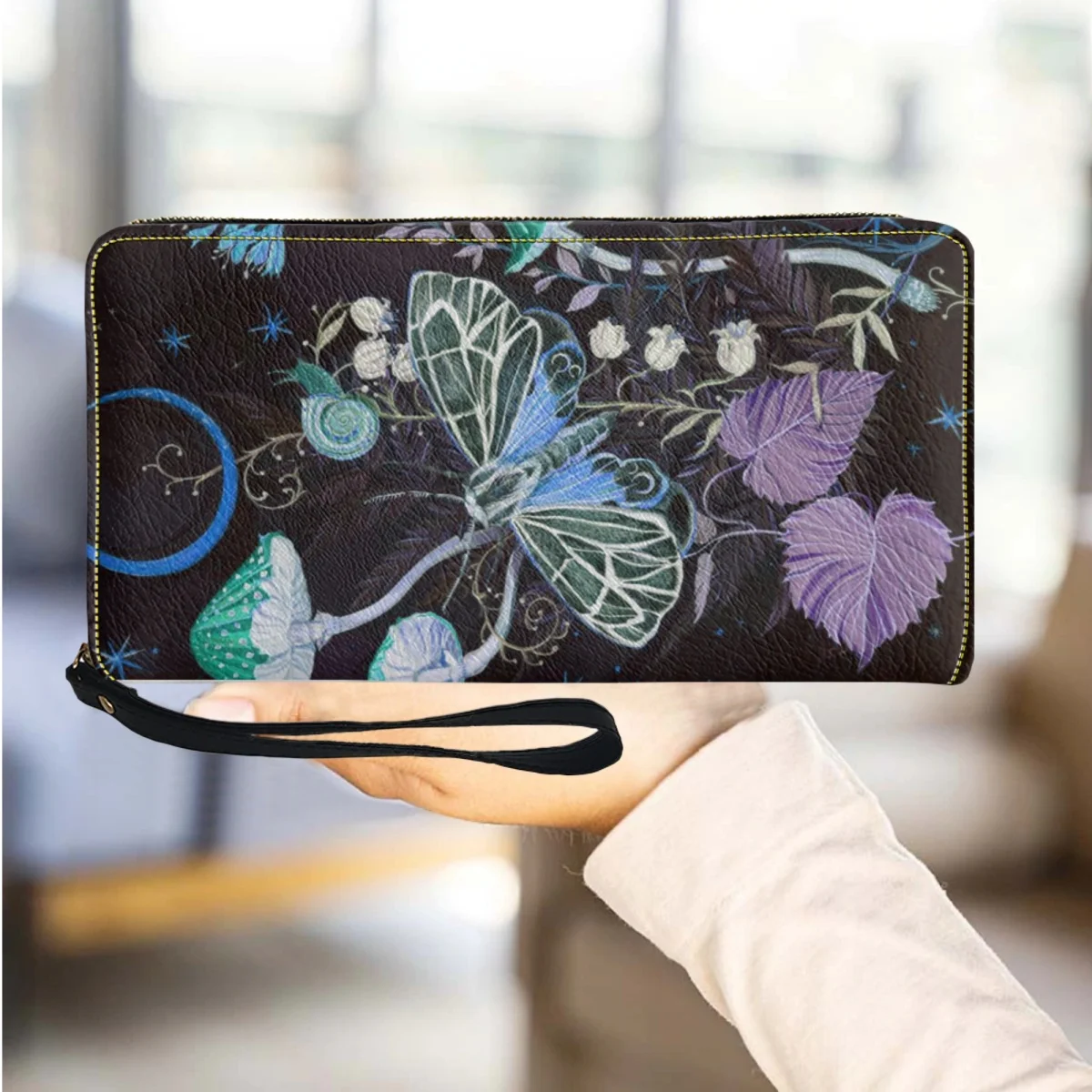 Fantasy Mushroom Butterfly Print Long Wristband Wallet Multi-Card Mobile Phone Storage Small Coin Purse Portable Fashion Clutch