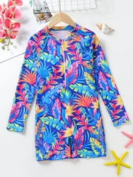 One Piece Girl Kids Swimsuit 2026 New Print Long Sleeve Bodysuit Children Swimwear Summer Zipper Beachwear Bathing Suit Swimming