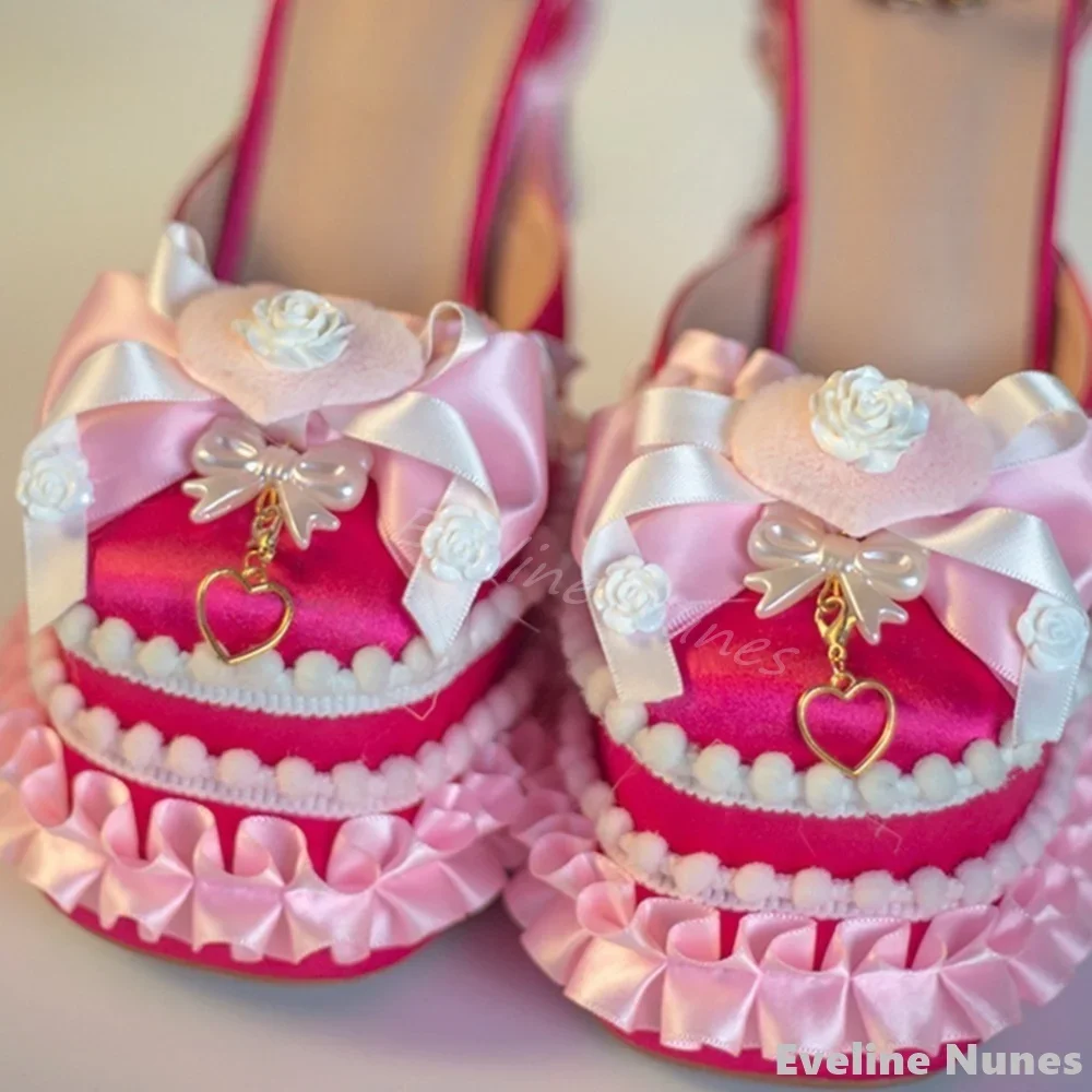 Sweet Cute Lolita High Heels Women Butterfly Knot Rhinestone Ankle Strap Cake Skirt Sandals New Party Cosplay Chunky Heel Pumps