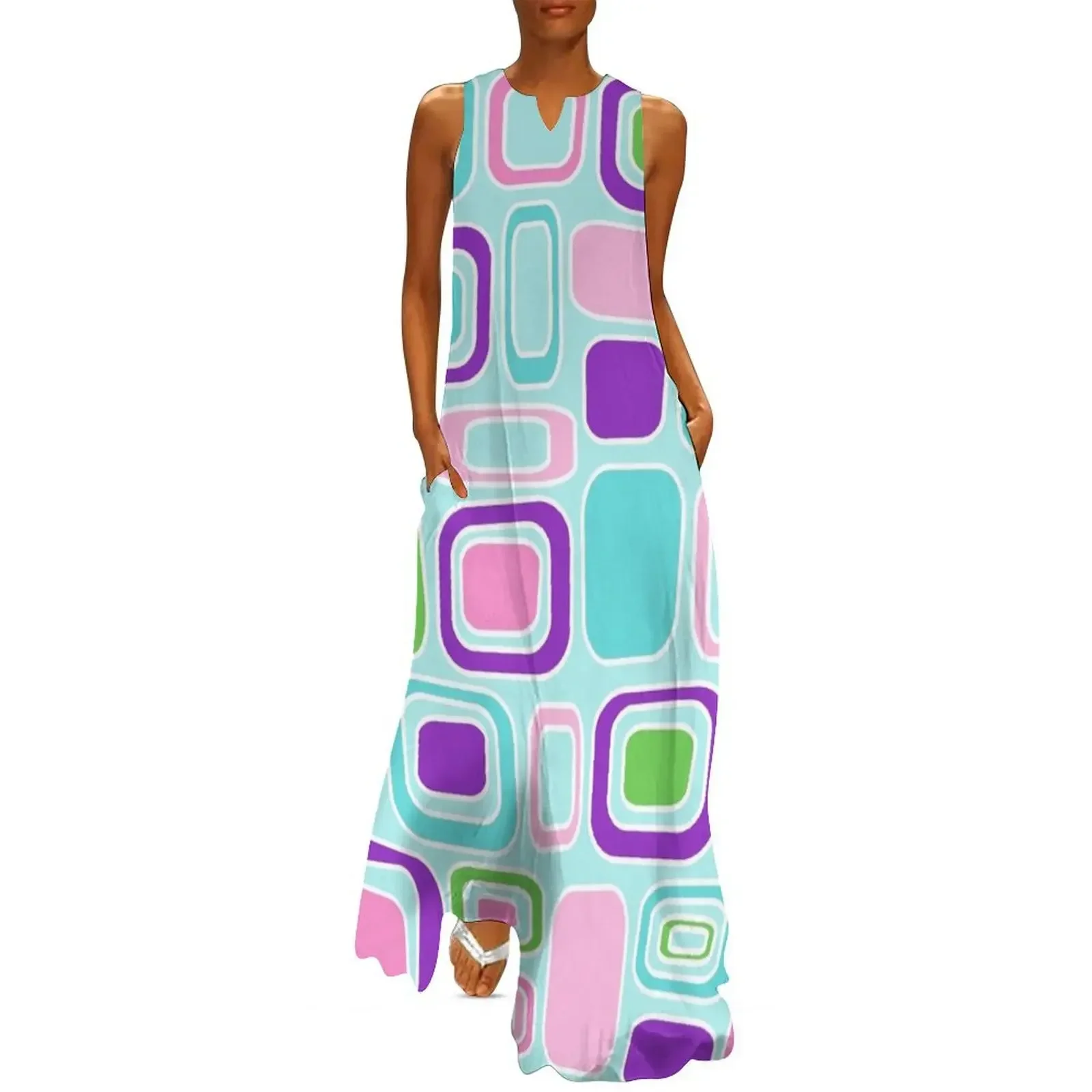 

Mid Century Modern Geometric Print - Pink Purple Aqua Turquoise Green Rectangles Squares Long Dress Evening gown Dress
