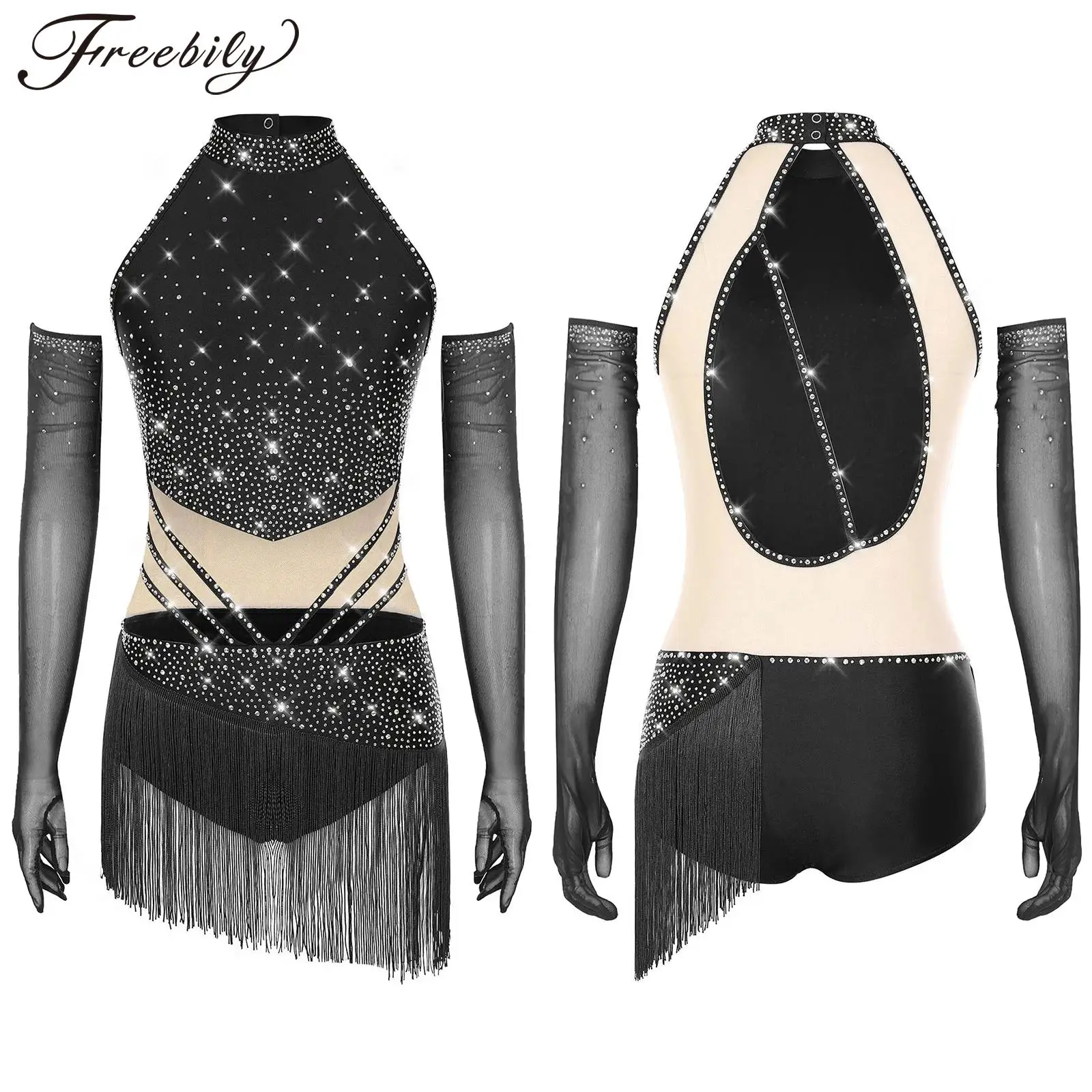 Vestido de patinaje artístico para mujer, baile latino Cha-cha Samba, leotardo sin mangas con recorte brillante, mono con falda y borlas y guantes de malla