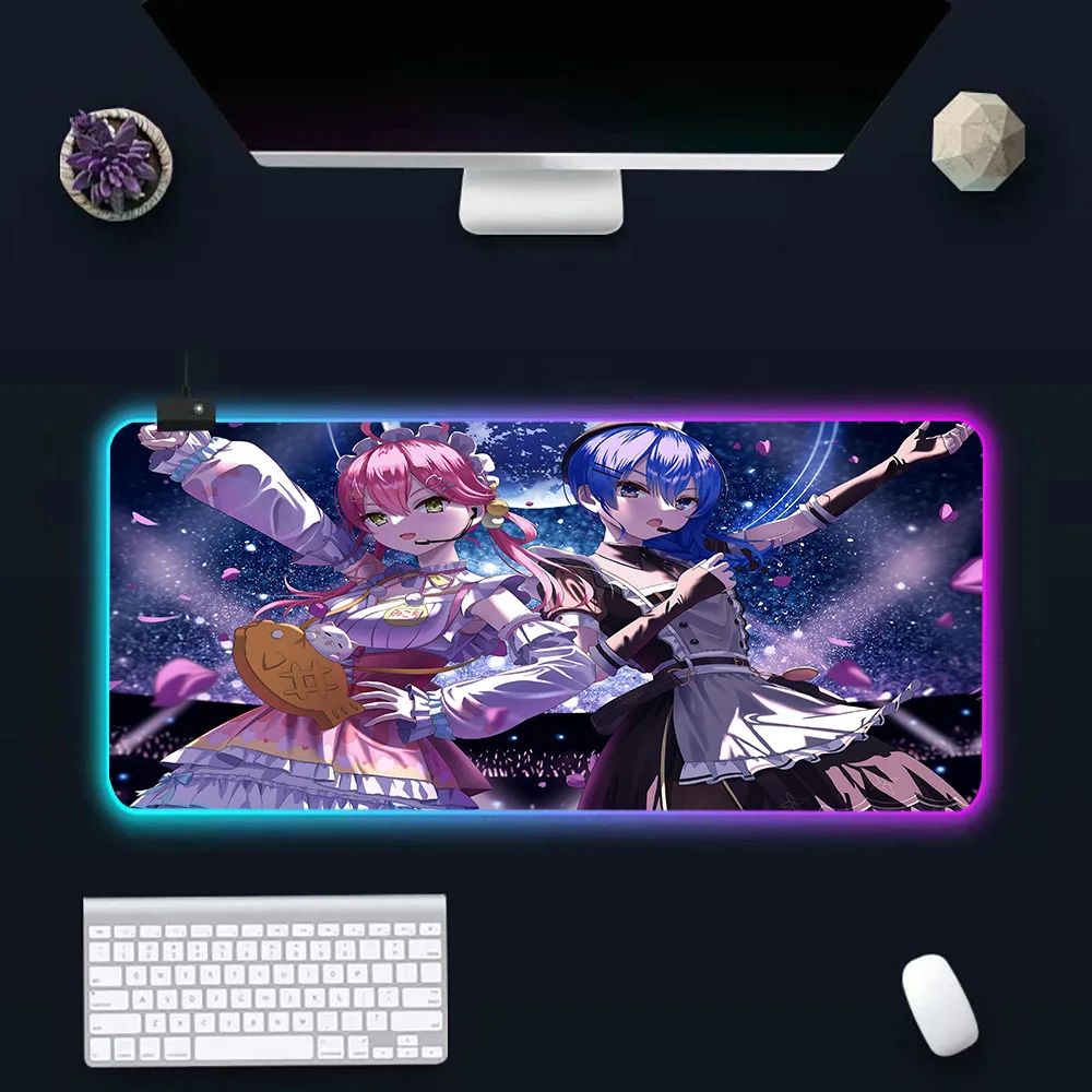 Hoshimachi Suisei Anime RGB Pc Gamer Keyboard Mouse Pad Mousepad LED Glowing Mouse Mats Rubber Gaming Computer Mausepad