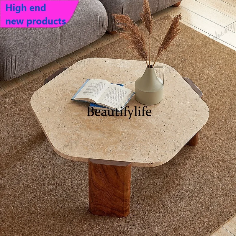 Nordic black walnut solid wood foot travertine coffee table  natural rock marble hexagonal edge special-shaped tea tableA68