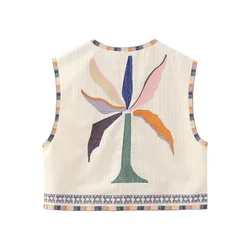 PB&ZA 2023 Autumn New Vintage Fashion Versatile Tree Pattern Embroidered Open Front Short Outerwear Vest