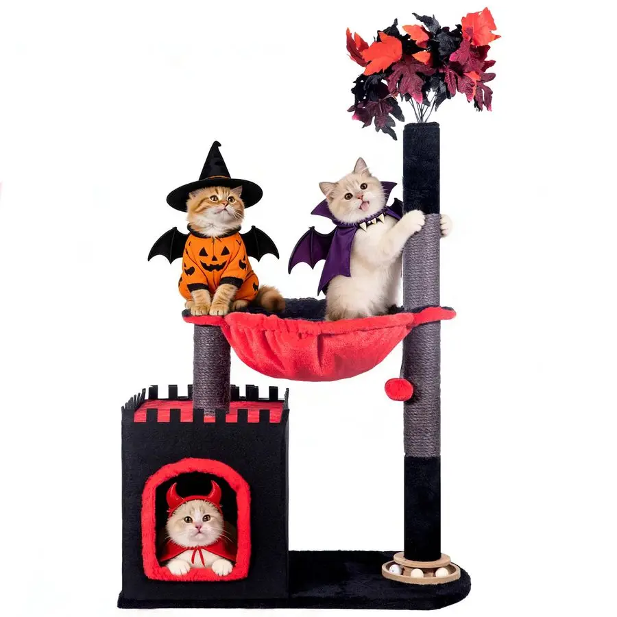 

Дерево-когтеточка 38 в 1 с большой гамаком, домиком, шариками и прыгучим мячиком для домашних кошек, красное, синее