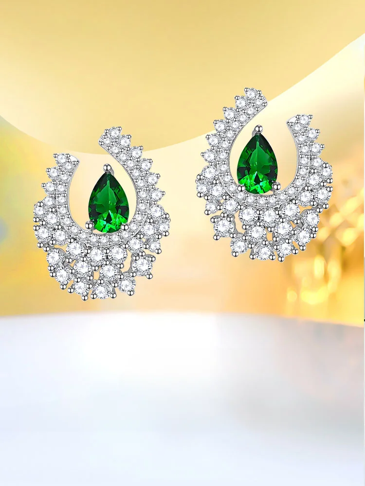 New micro inlaid earrings 925 pure silver green tourmaline light luxury versatile niche design temperament high-end feeling