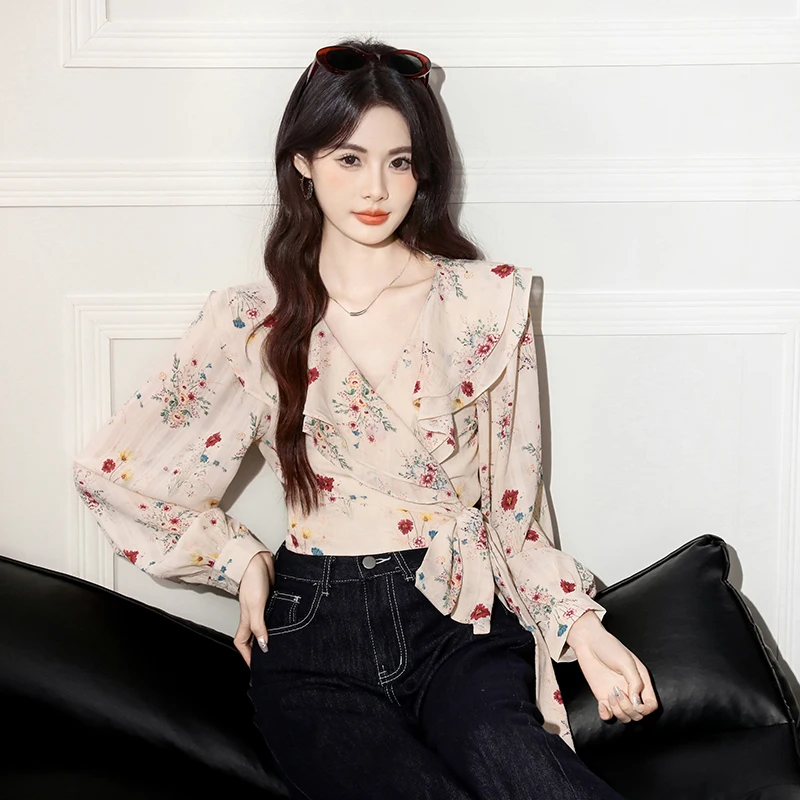 

Elegant Women's Blouses Print Casual Shirts Fashion Loose Spring/Summer Ruffled Clothing Long-sleeved Chiffon French Women Tops