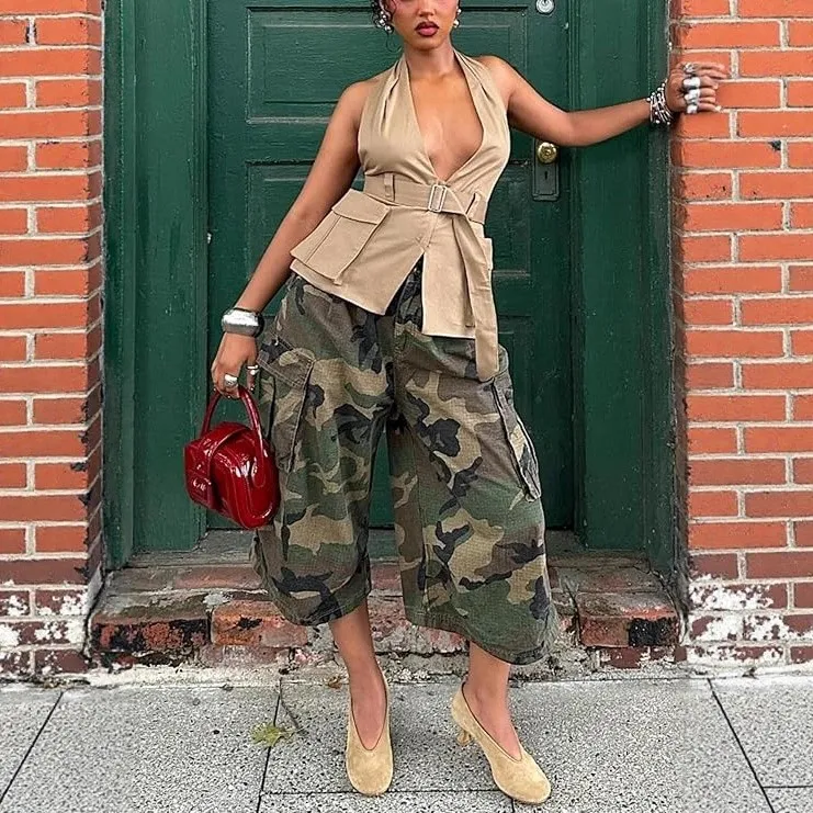 Pocket Loose Fit Pants Cropped Mid Waist Streetwear with Patchwork Regular Thickness Patterned No Stretch Autumn Women Pants