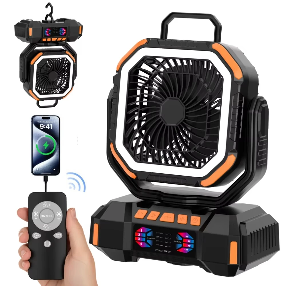 40000mAh Battery Operated Fan Portable Rechargeable Desk/Camping Fan with LED Light and Hook Outdoor Fan for Tent Car Trip
