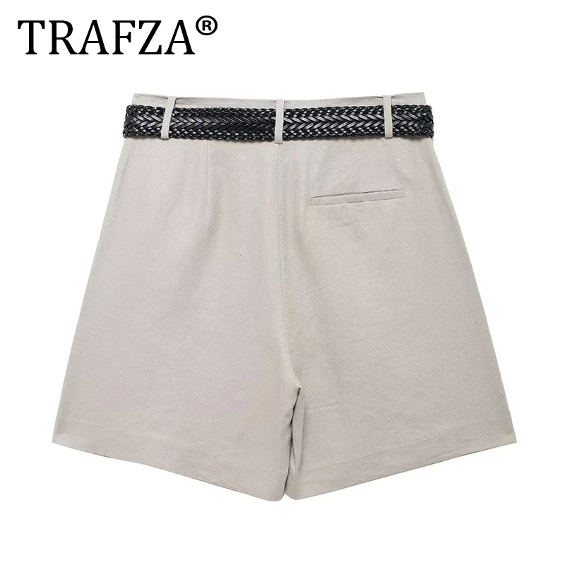 TRAFZA Vintage Frauen Anzug Solide V-ausschnitt Taste Kurzen Blazer Schärpen Gerade Mini Rock Shorts Mode 2024 Herbst Büro Tragen Set