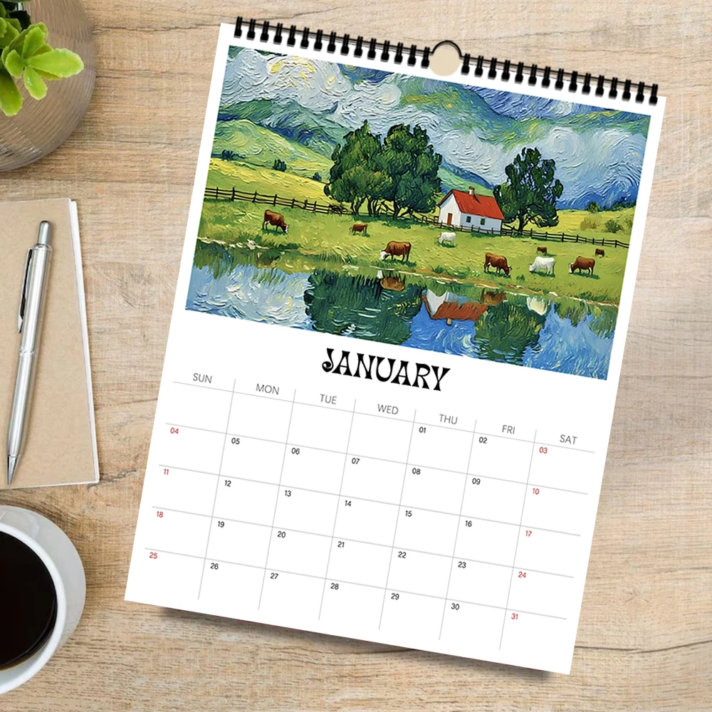 

1pc 2026 Wall Calendar Oil Painting Landscape Series, 12 Beautiful Designs, Perfect Gift for Birthdays Christmas New Year