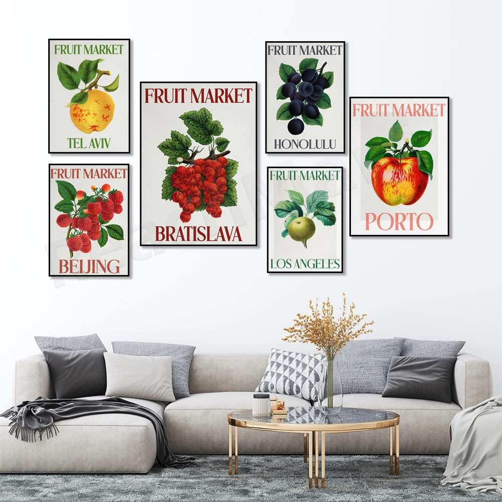 Fruit market, Nairobi, Los Angeles, Porto, Palermo, Brussels, Honolulu, Athens, Beijing city travel poster decoration, fruit gif