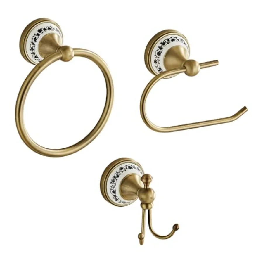 

Antique Towel Ring Clothes Hook Tissue Holder Three Piece Set Wall Mounted Bathroom and Kitchen Supplies in Brass Color Durable