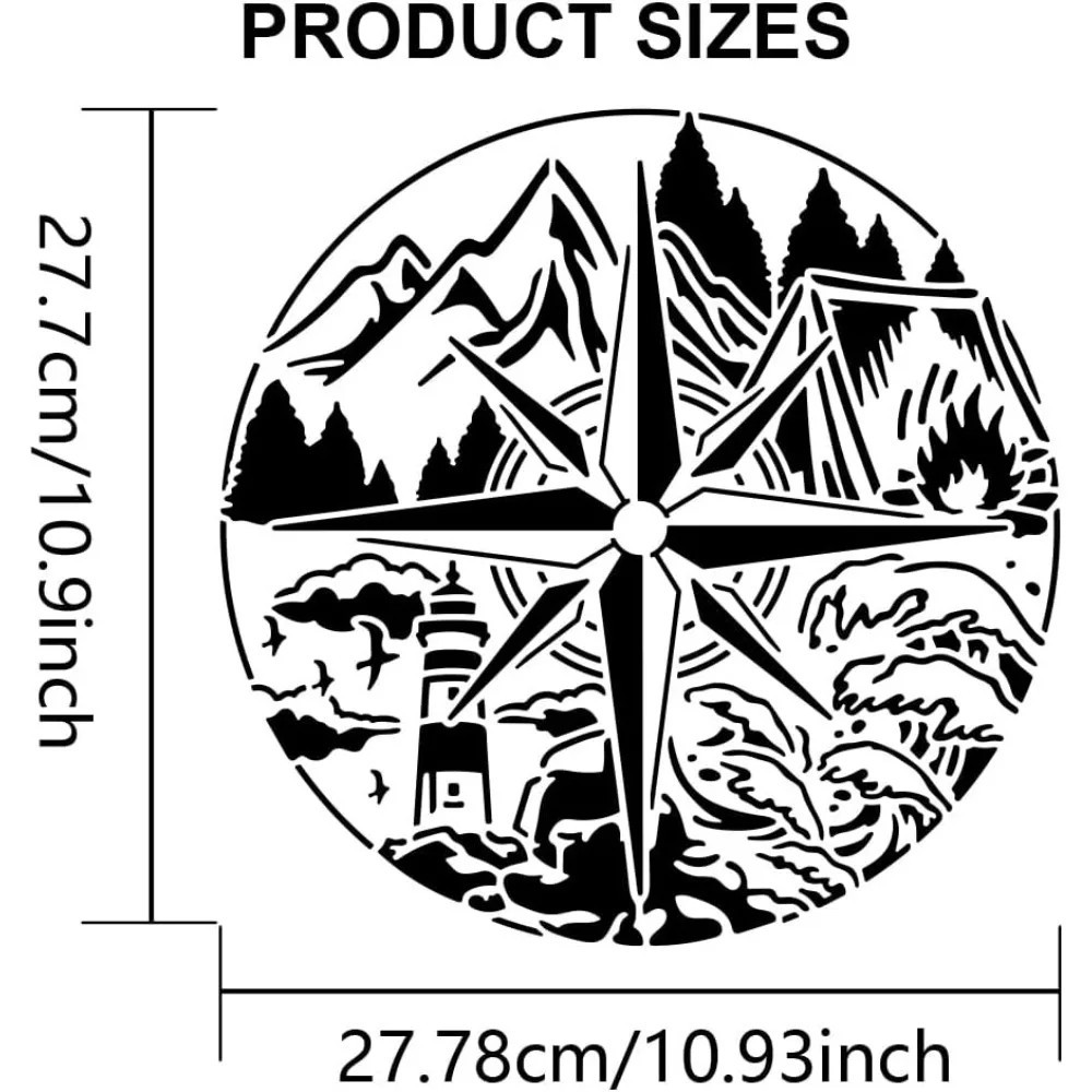 Compass Mountain Wave Stencil 11.8×11.8inch Large Compass Sea Wave Tent Lighthouse Stencil Natural Scenery Drawing Template