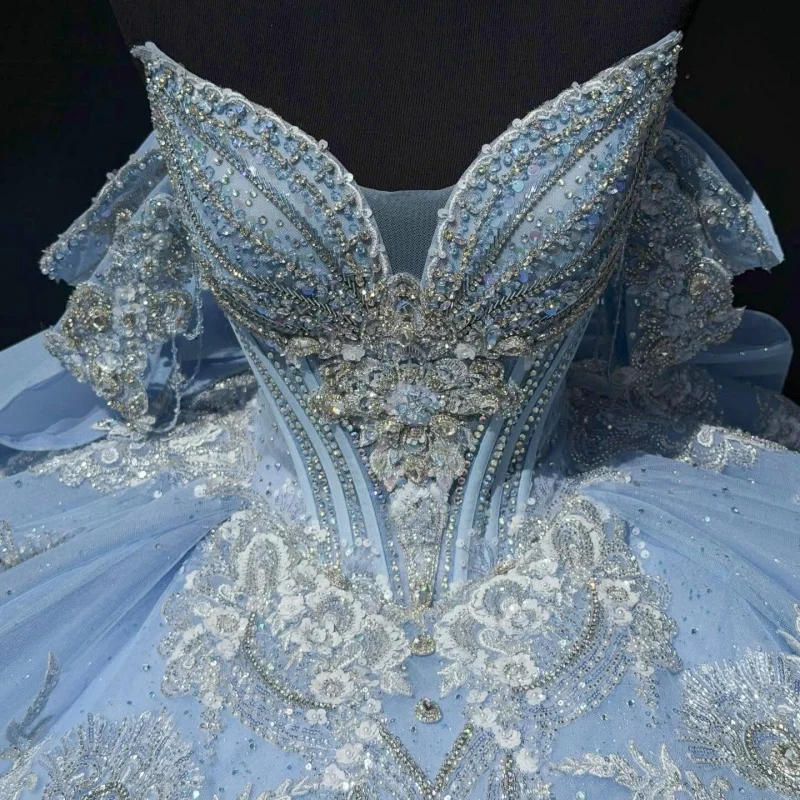 

Shiny Blue Quinceanera Dresses Off the Shoulder Glitter Crystal Decal Long tail Bow Vestidoe 15 Quinceanera Customize
