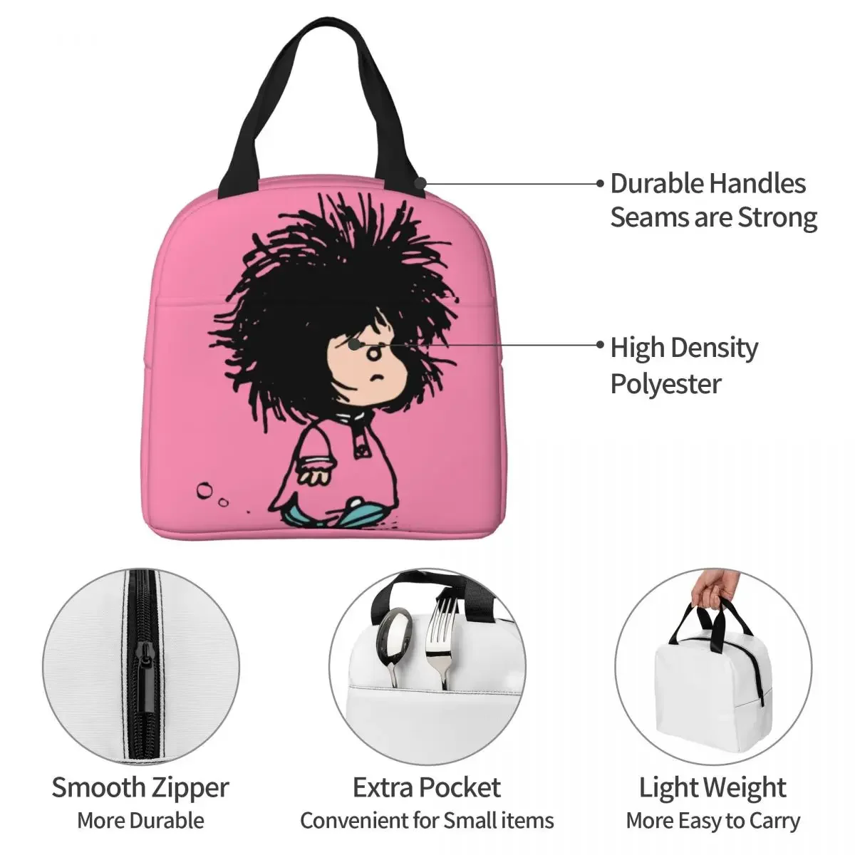 Mafalda With Nightgown Quino Argentina Cartoon Insulated Lunch Bag Thermal Bag Reusable Tote Lunch Box Food Bag School Picnic