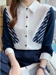 #3142 Womens Tops And Blouses Long Sleeve Spliced Color Slim Office Shirt Single Breasted Chiffon Shirts Elegant Woman Clothes