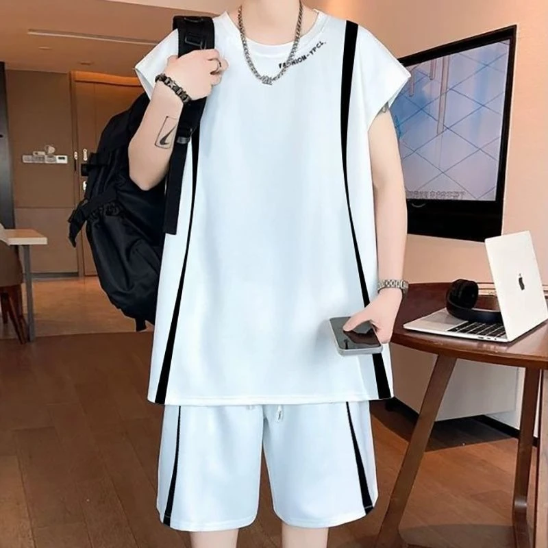 

Trendy Youth Men Sleeveless T Shirt Set Summer New Loose Versatile Student Sports Casual Two Piece