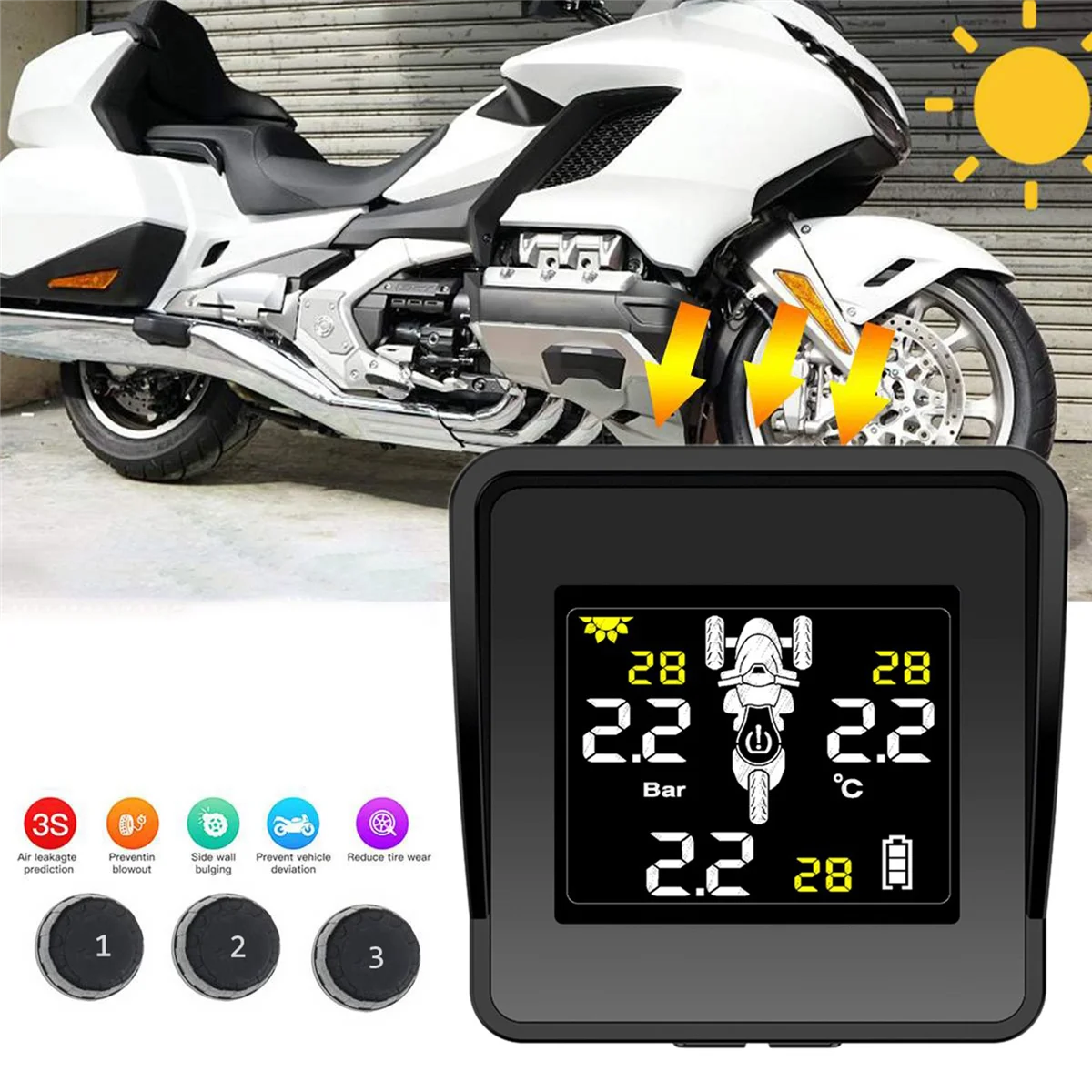 Solar Wireless Tire Pressure Monitoring System Motorcycle TPMS Tire Pressure Monitor LCD Display 3 External