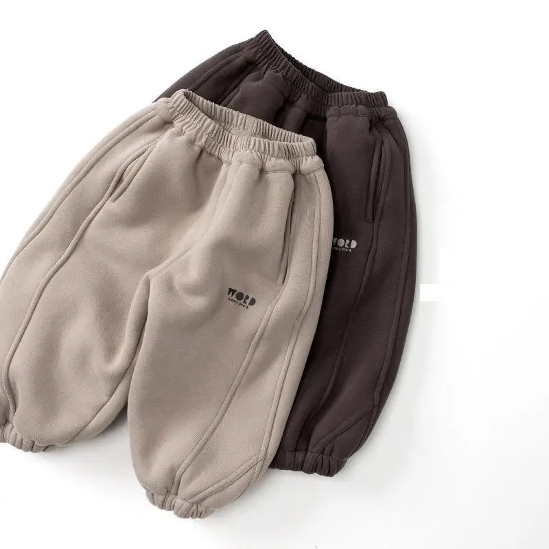 

2025 Winter New Children Fleece Trousers Boys Girls Plus Velvet Thick Casual Pants Baby Letter Print Harem Pants Kids Warm Pants