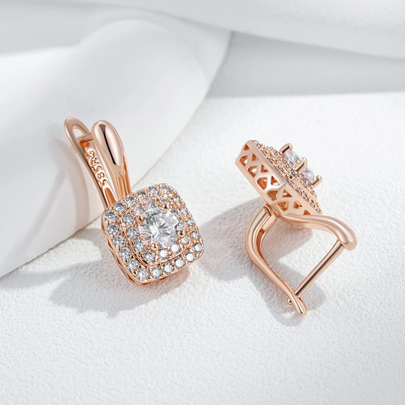 Kinel Hot Shiny Natural Zircon Square Drop Earrings For Women Trend 585 Rose Gold Color Bride Wedding Fine Jewelry Crystal Gift