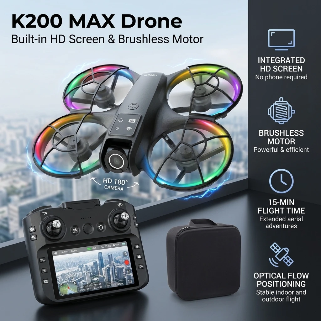 

Upgraded K200 Mini Brushless Drone，4K Clear Camera 4.5 Inch Display Screen，Optical Flow Hover 360° Obstacle Avoidance，One Key Ta