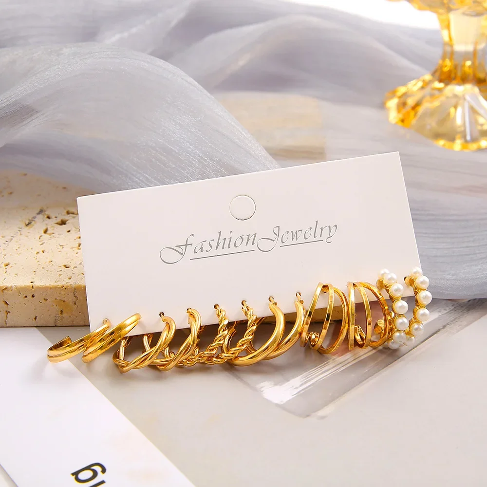 Boho Big Circle Hoop Earring Set for Women, Gold Color Bohemia Vintage Pearl Earring Heart Zircon Ear Studs Jewelry Gifts