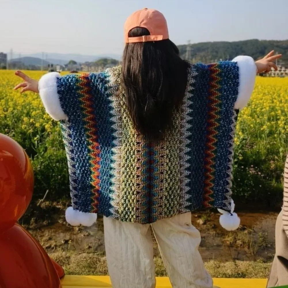 

Faux Fur Collar Kids' Mongolian Poncho Ethnic Style Striped Cardigan Tassel Shawl Winter Warm Artificial Wool Knitted Cape