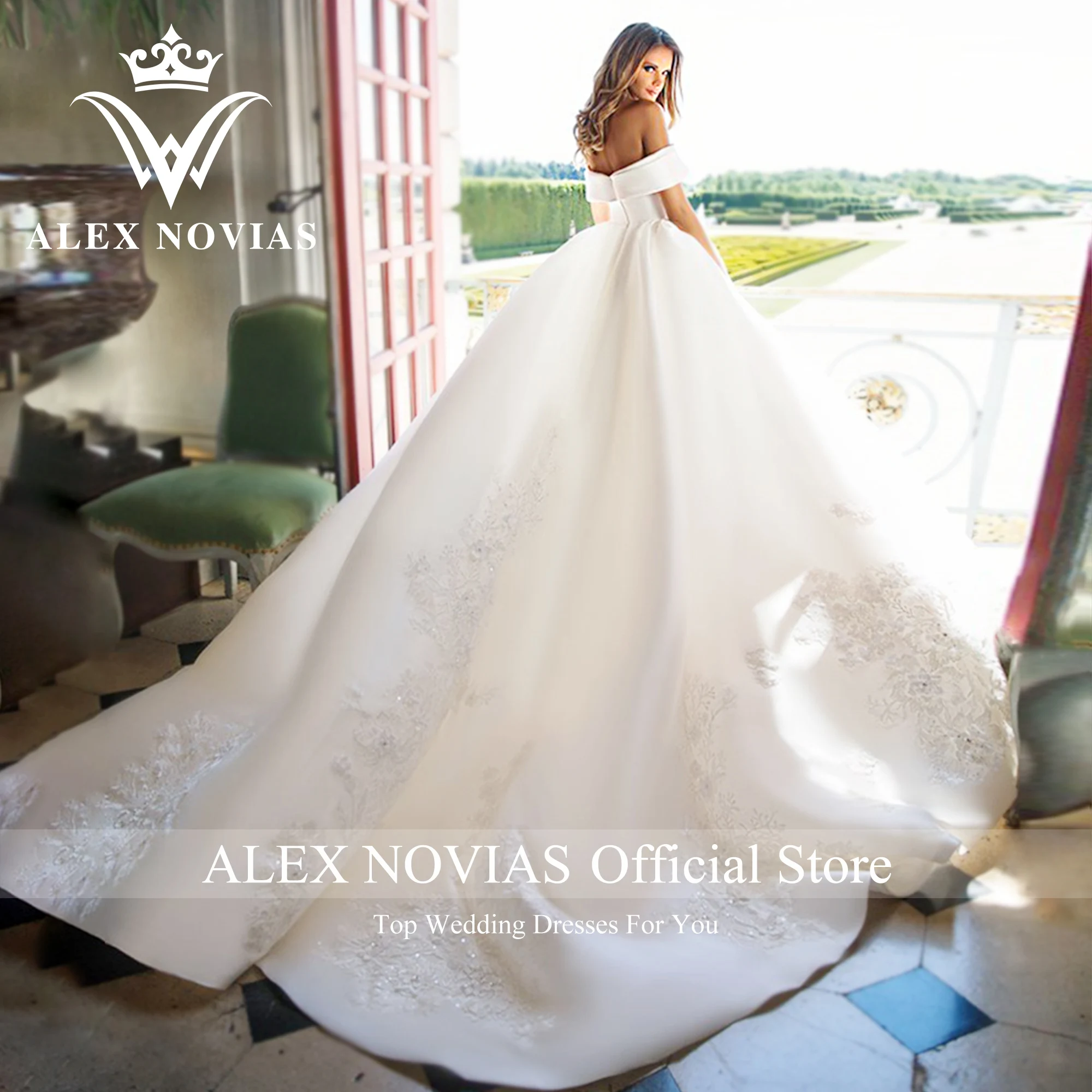 ALEX NOVIAS Ball Gown Satin Wedding Dress High Quality 2023 Classic Boat Neck Embroidery Wedding Gown Vestidos Novias De Saten