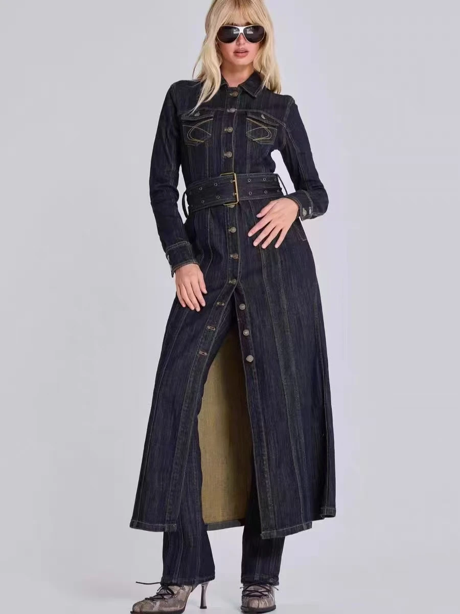 

Jaded London Retro Waist Belt Slim Long Sve Coat Classic Denim Jaet Women's Spring Faion Ele Long Length Coat