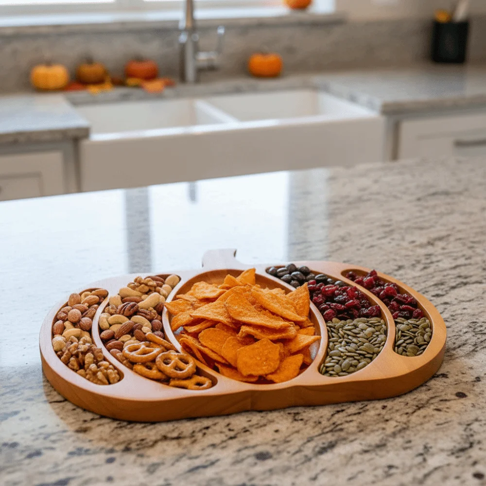 Wooden Halloween Pumpkin Snack Tray 5 Grid with Compartment Snack Serving Plate Drop-resistant Sturdy Charcuterie Board