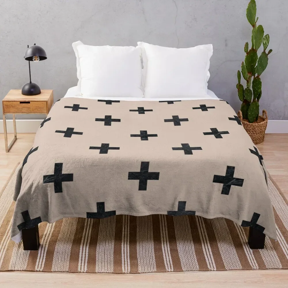 Beige and Black Textured Swiss Cross Pattern Throw Blanket decorative Summer Bed linens Blankets