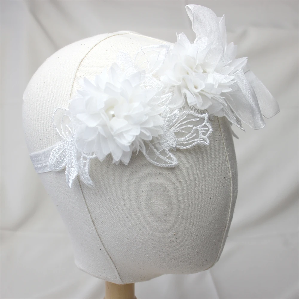 Witte kant chiffon bloem hoofdband baby meisjes bloem tulband prinses mesh bloemen parel pasgeboren haar bloem Photoprop hoofddeksels