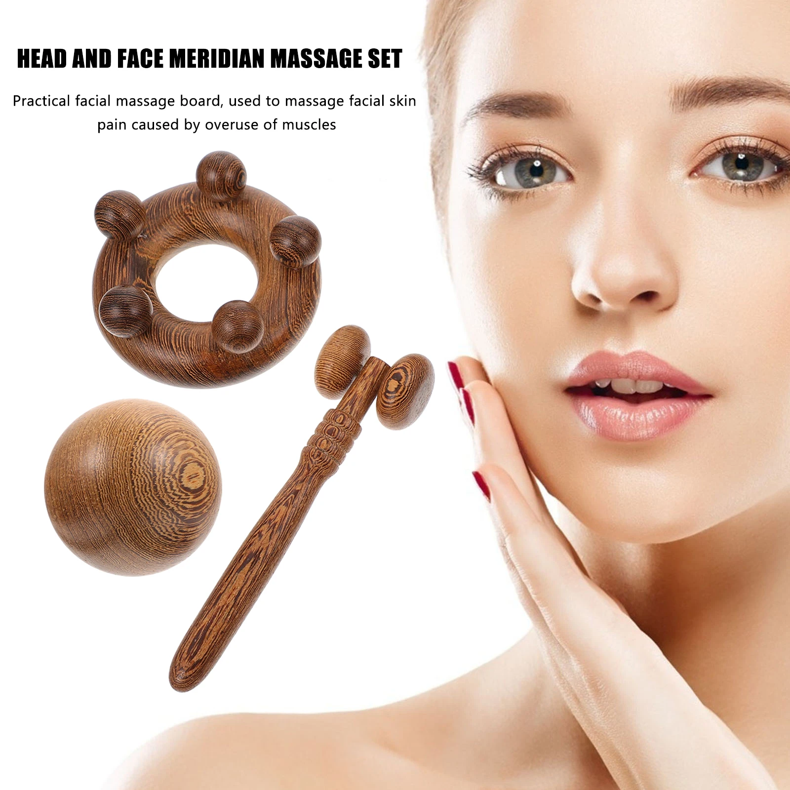 

4 pcs Wooden Massage Tools Durable Ergonomic Head Face Meridian Massager Set Portable Easy Storage Use Promote Circulation