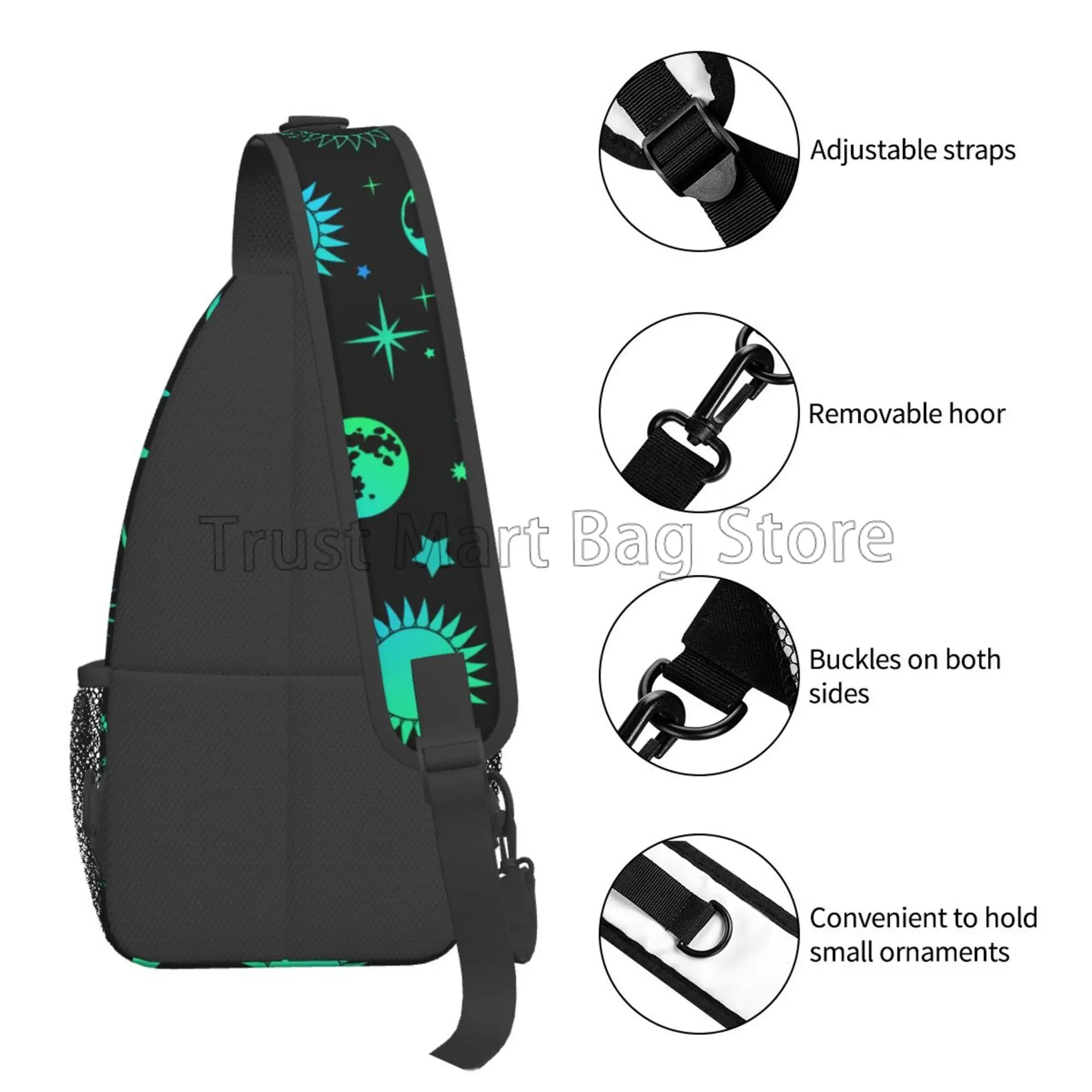 Vintage Neon Green Esoteric Sun Moon Print Sling Backpack Shoulder Chest Bag Crossbody Daypack for Men Women Hiking Travel