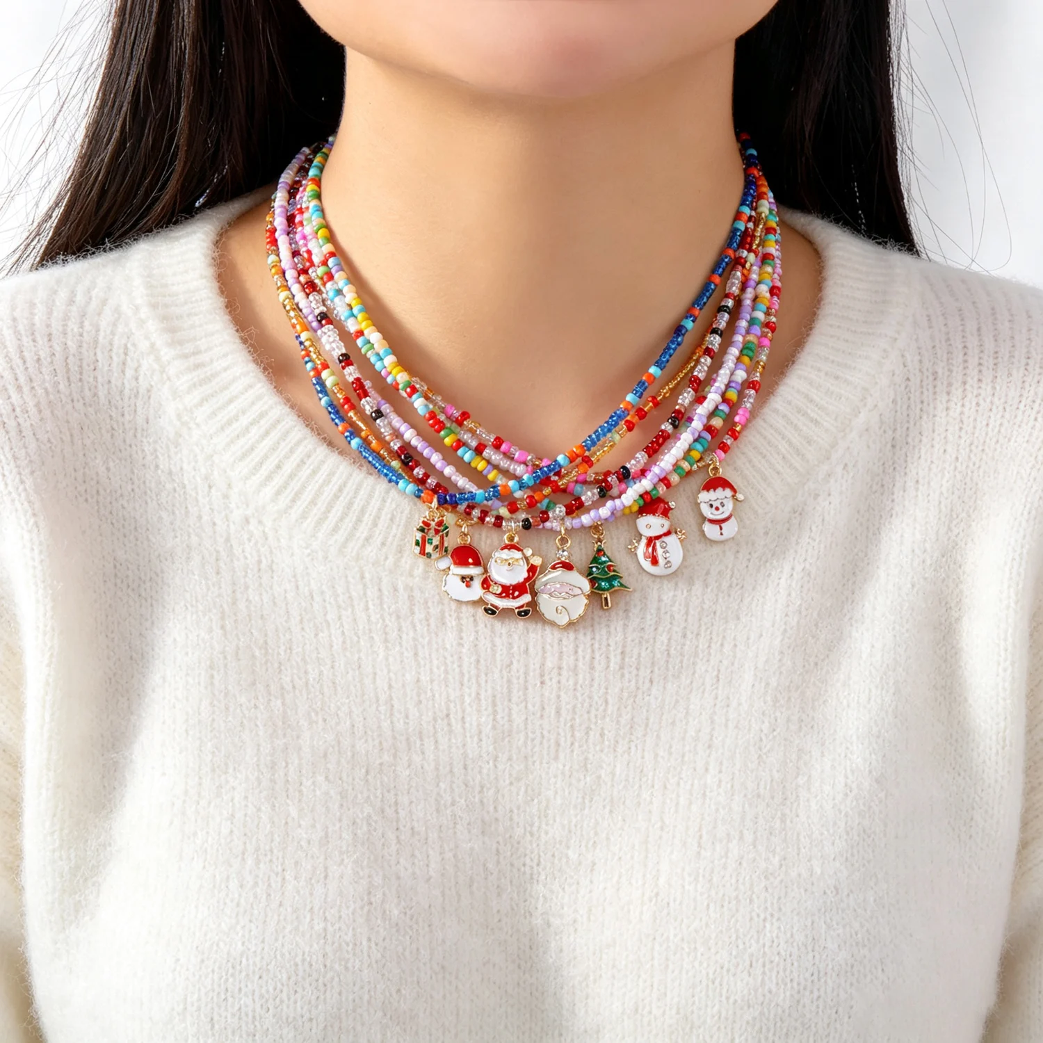 Colorful Seed Beads Choker Set Christmas Tree Snowman Santa Elk Pendant Beaded Stacked Necklace for Women Xmas Jewelry Gifts