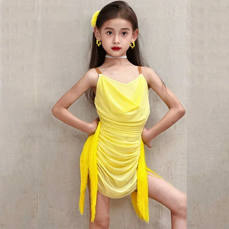 어린이 라틴 댄스 홀터 드레스 소녀 의상 차차 삼바 룸바 대회용 태슬 스커트 키즈 무대 공연 댄스웨어