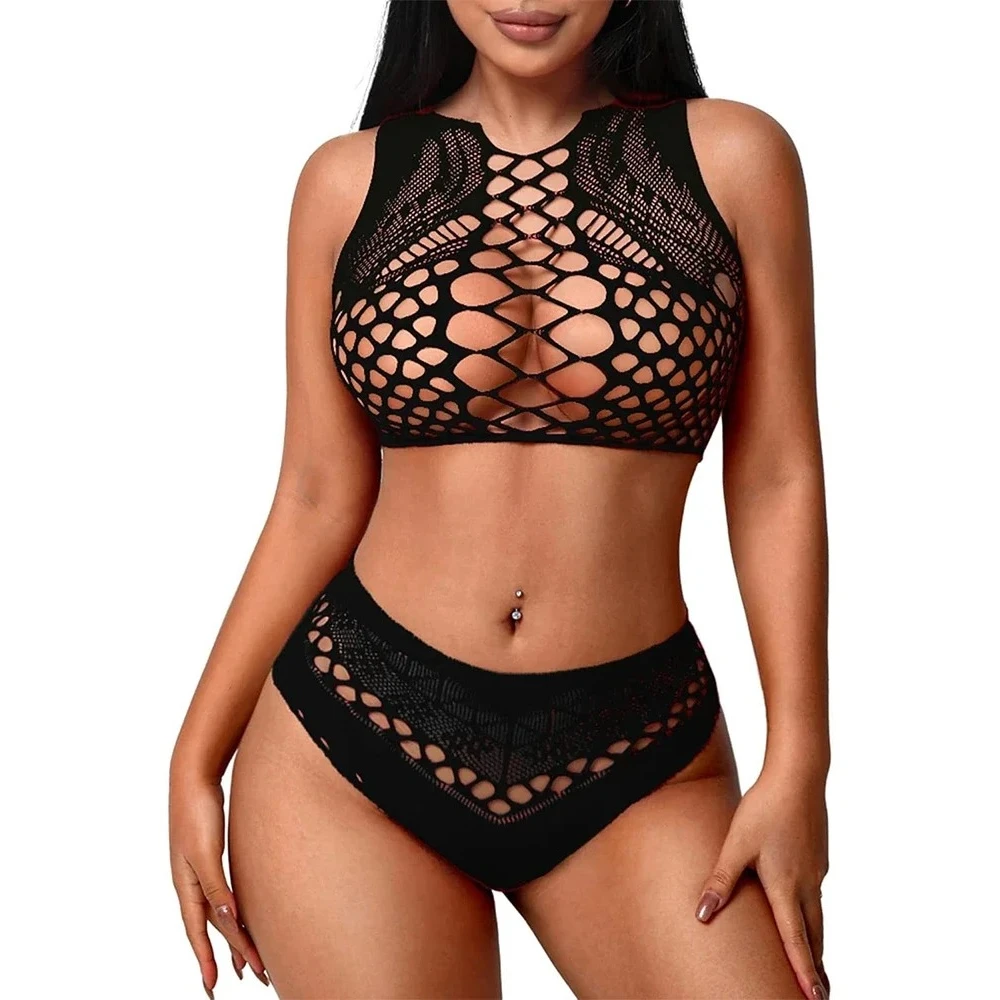 

Erotic Fishnet Set for Women Beach Wear Mesh Tops with Net Panties Female Hollowed Out Uniform Bikini Cover Up Sexy Lenceria