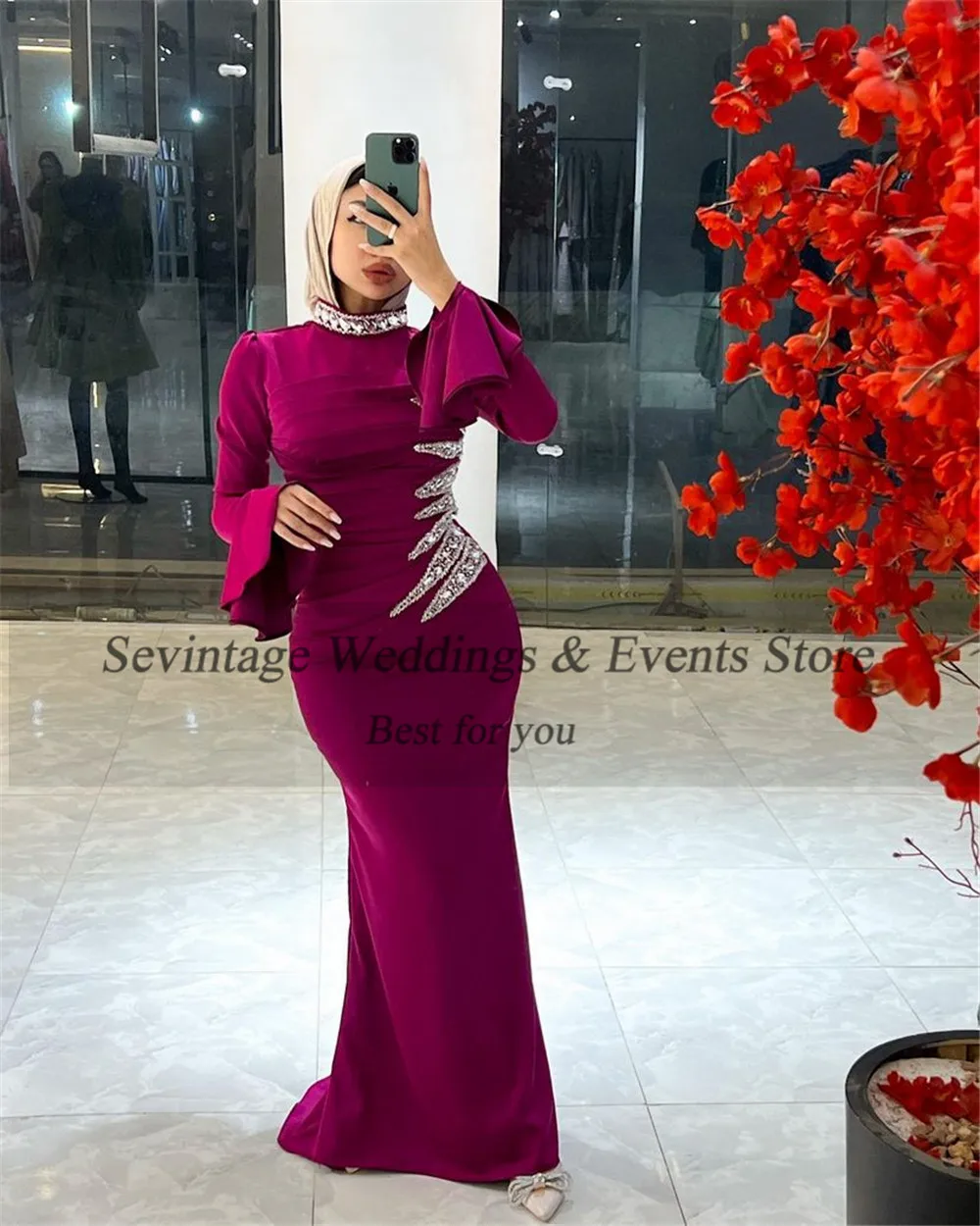 Sevintage Elegant Fushia Mermaid Satin Prom Dress Sequineds Long Flare Sleeves Floor Length Sheath Evening Dress vestido de gala