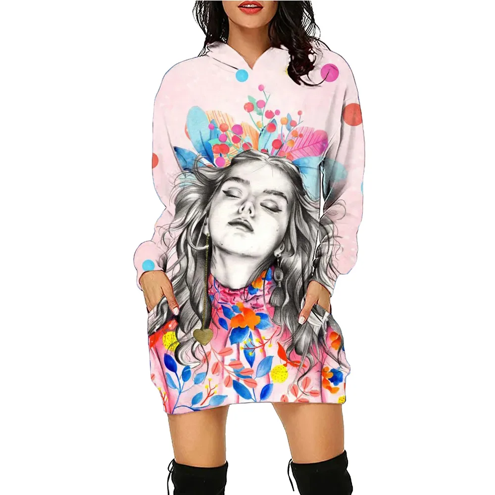 Floral Beautiful Girl Printed Hoodie Dress Women Face Daily Workout Hoodies Long Sleeve Pullover Autumn Winter Loose Tee Vestido