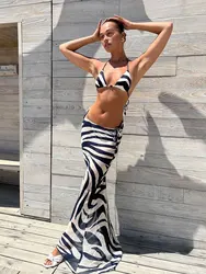 Sexy Zebra Stripes 3 Peças Biquíni Set 2023 Verão Beach Wear Triângulo Biquínis Maiô Com Saia De Praia Swimwear Cover-up A1554