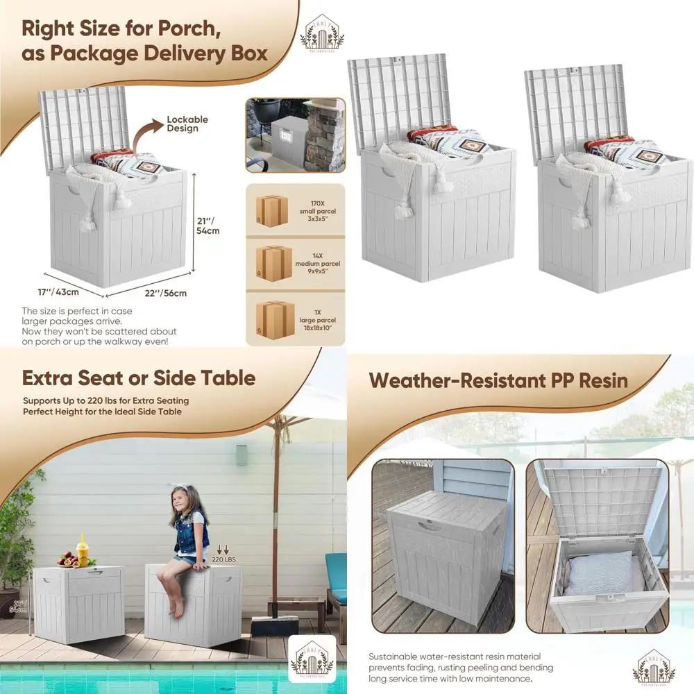 

33 Gallon Deck Box Set of 2, Small Outdoor Storage Box Waterproof, Lockable Secure Package Bin Delivery Box for Outside, Patio C