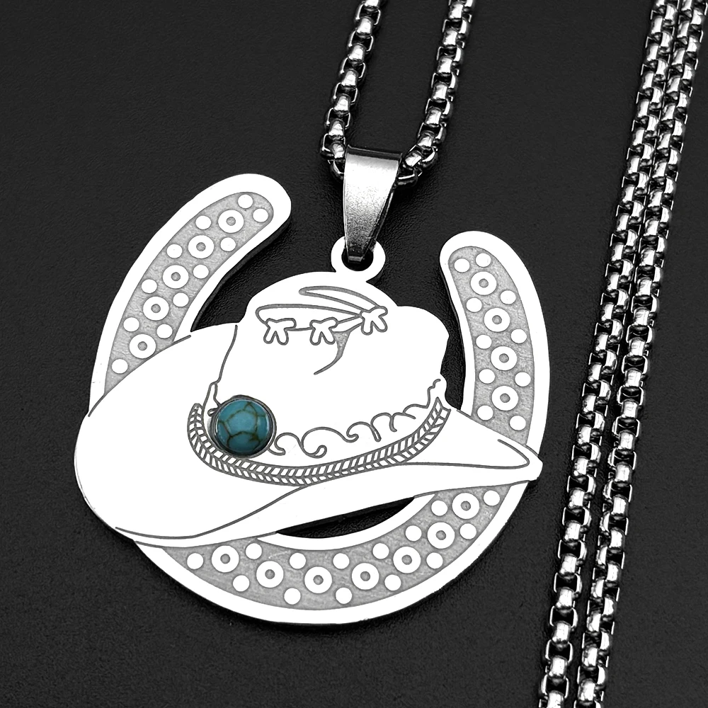 Glücksbringer-Hufeisen Western Cowboy Hutkette für Damen und Herren – Edelstahl Türkis U-Form Vintage Indianer Halskette Schmuck Geschenke – Detail 4