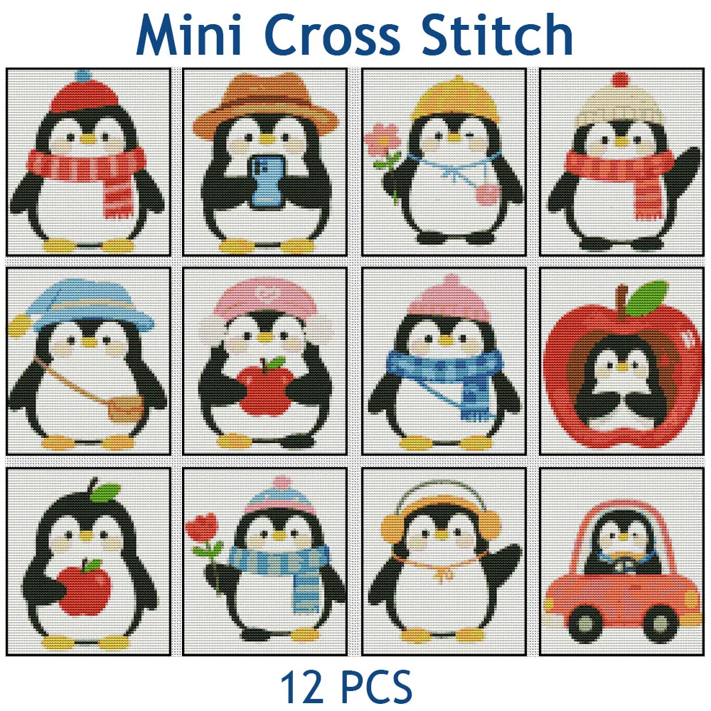 Evershine 12pcs Mini Cross Stitch Penguin Animal Embroidery Kit Apple Design Needlework DIY New Arrival Home Decoration