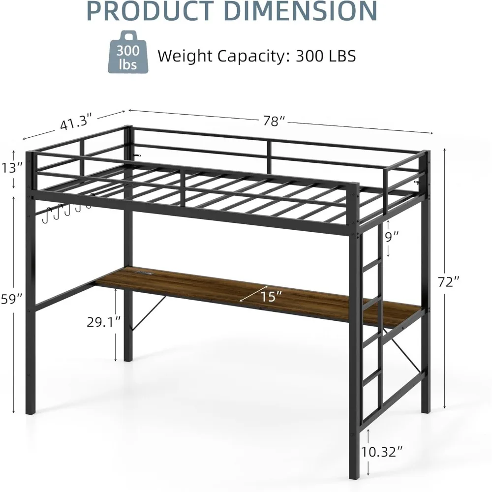 Tweepersoons hoogslaper met bureau en LED-verlichting, tweepersoons hoogslaper met laadstation, versterkt robuust frame