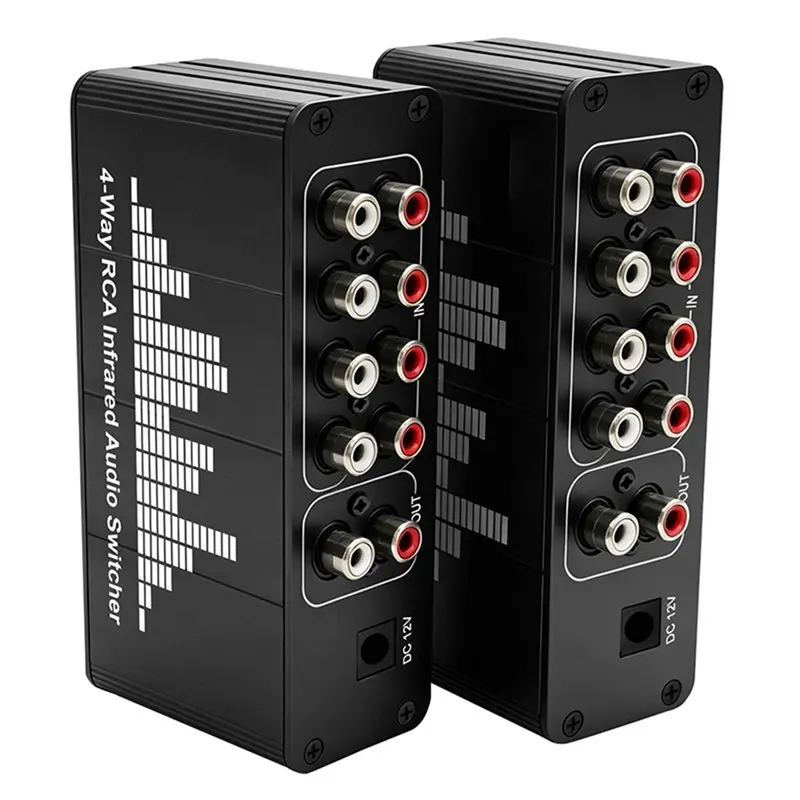 ABKI-AV Audio Signal 4-WAY Stereo Audio Switcher 4CH IR Remote Control 4-In-1-Out For CD Player Source Switching