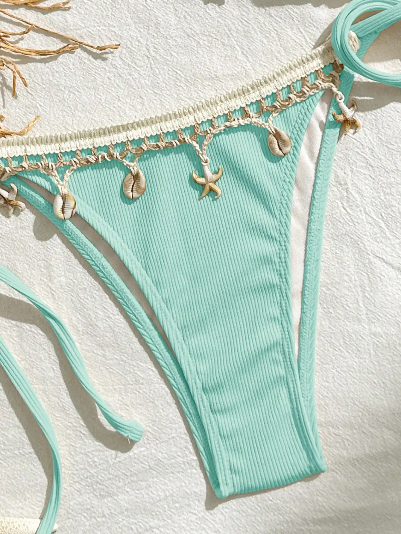 

Women's Mint Green Ribbed Triangle Bikini Set With Shell And Starfish Decor