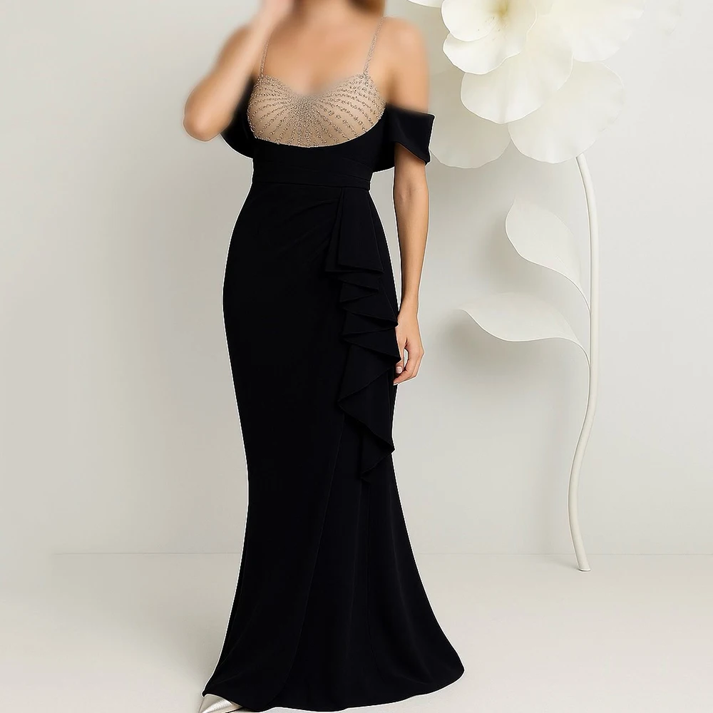 

Customized A-line Evening Dresses Floor-length Spaghetti Strap Sleeveless Prom Gown Fashion Sequined Simple Draped Party Gown