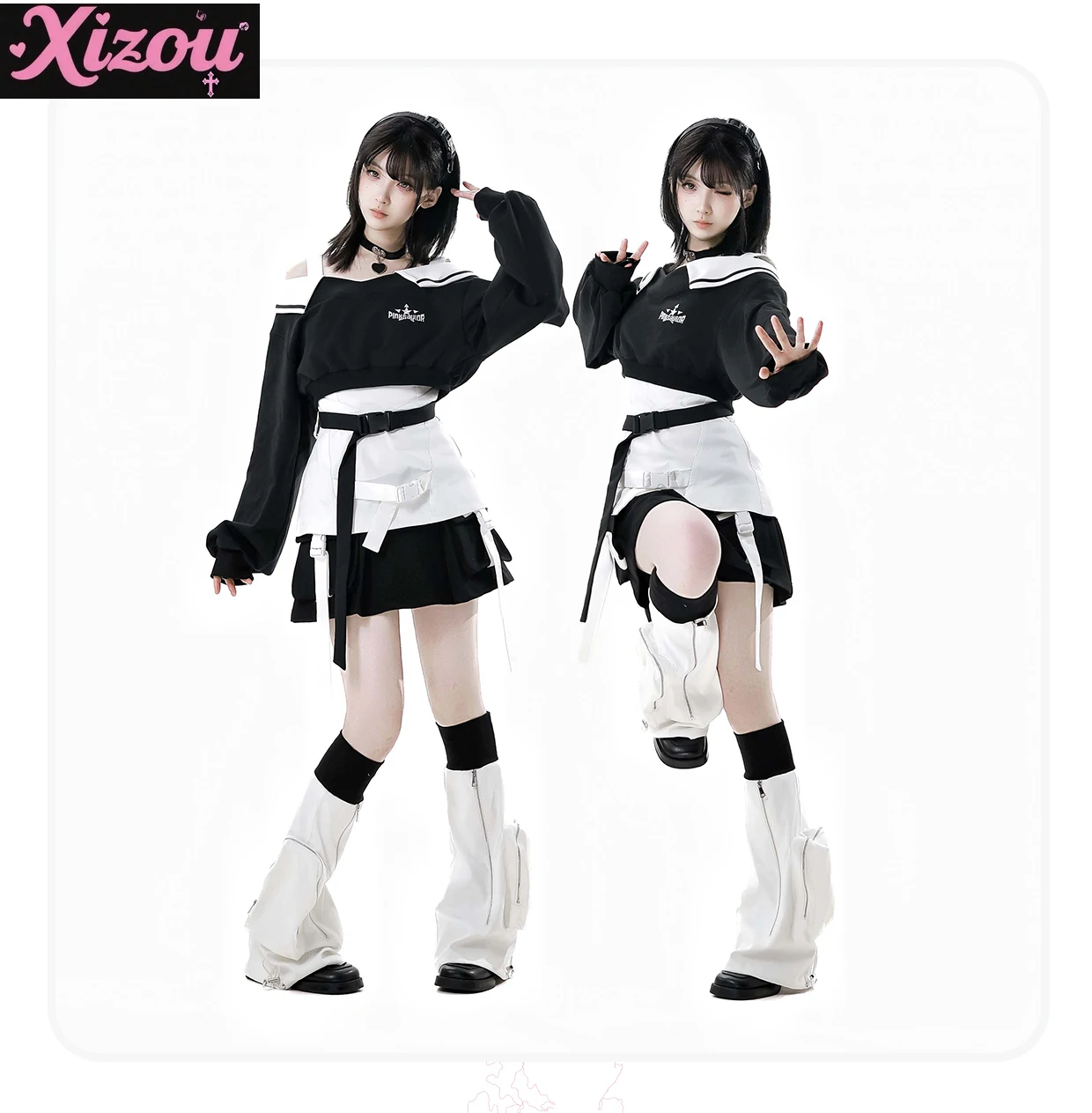 

Subculture Sweet Cool Black and White Splicing Color Suspender Off-the-shoulder Sets Harajuku Short Hoodie Sling Cargo Skirt Set