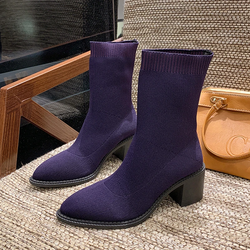 High Heels Women Ankle Sock Boots Fashion Winter Shoes Woman 2025 Pointed Toe Chelsea Boots Chunky Shoes Trend Mujer Short Botas